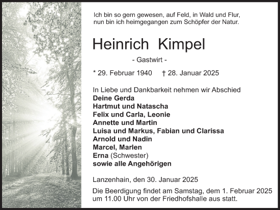 Traueranzeige von Heinrich Kimpel von Lauterbacher Anzeiger