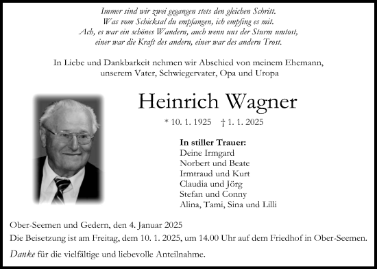 Traueranzeige von Heinrich Wagner von Kreis-Anzeiger