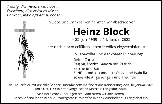 Traueranzeige von Heinz Block von Licher Wochenblatt