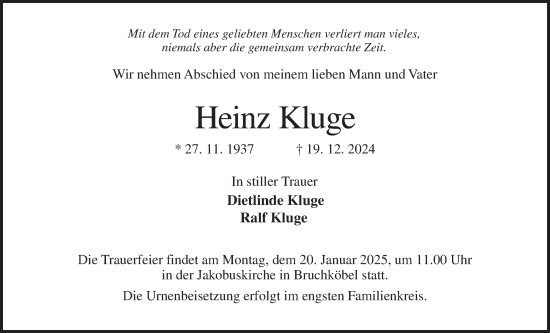 Traueranzeige von Heinz Kluge von Bad Vilbel/Karben