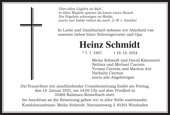 Traueranzeige von Heinz Schmidt von Giessener Anzeiger, Rabenauer Zeitung