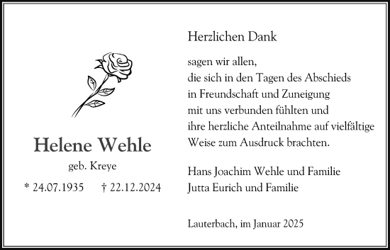 Traueranzeige von Helene Wehle von Lauterbacher Anzeiger