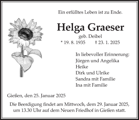 Traueranzeige von Helga Graeser von Giessener Allgemeine, Alsfelder Allgemeine, Giessener Anzeiger