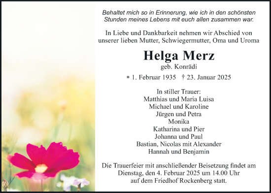 Traueranzeige von Helga Merz von Butzbacher Zeitung
