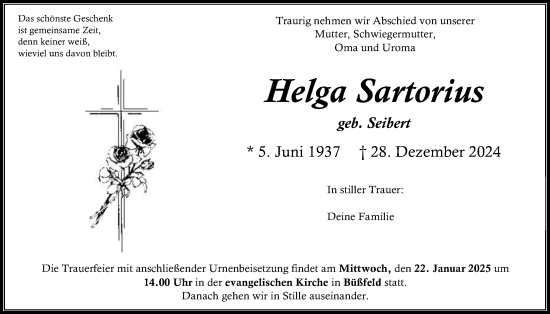 Traueranzeige von Helga Sartorius von Oberhessische Zeitung, Alsfelder Allgemeine