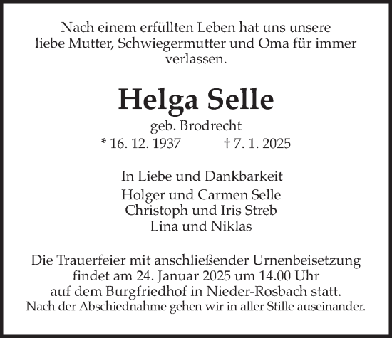 Traueranzeige von Helga Selle von Wetterauer Zeitung