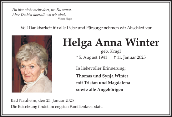 Traueranzeige von Helga Anna Winter von Wetterauer Zeitung