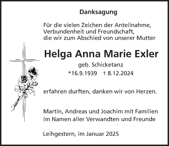 Traueranzeige von Helga Anna Marie Exler von Giessener Allgemeine, Alsfelder Allgemeine