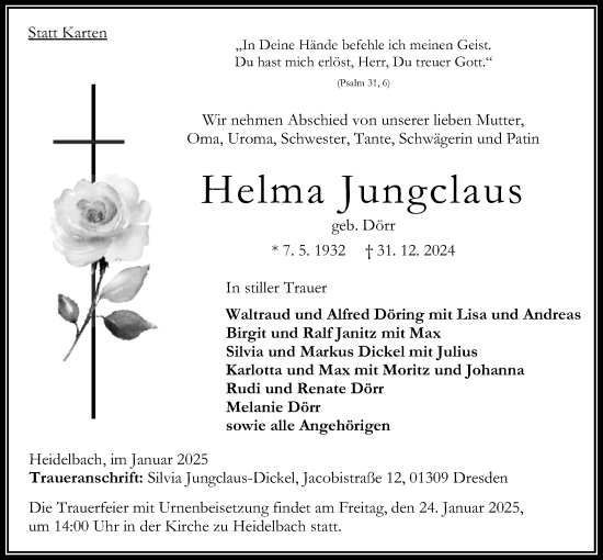 Traueranzeige von Helma Jungclaus von Oberhessische Zeitung