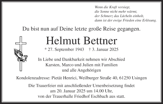 Traueranzeige von Helmut Bettner von Usinger Anzeigenblatt