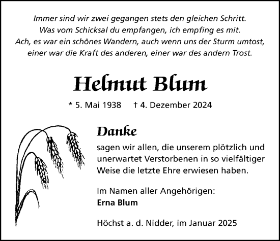 Traueranzeige von Helmut Blum von Kreis-Anzeiger