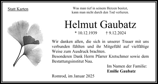 Traueranzeige von Helmut Gaubatz von Oberhessische Zeitung