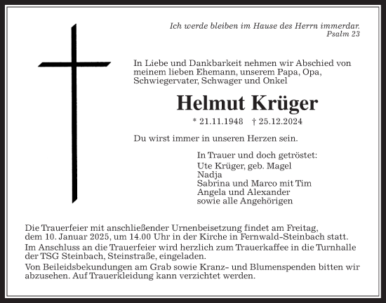 Traueranzeige von Helmut Krüger von Giessener Allgemeine, Alsfelder Allgemeine