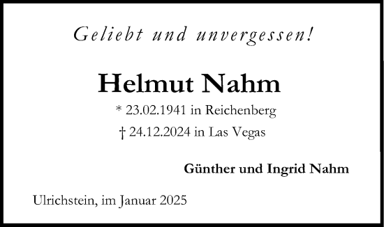 Traueranzeige von Helmut Nahm von Lauterbacher Anzeiger