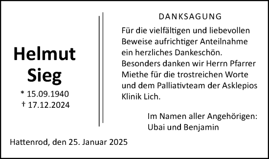 Traueranzeige von Helmut Sieg von Giessener Allgemeine, Alsfelder Allgemeine, Giessener Anzeiger