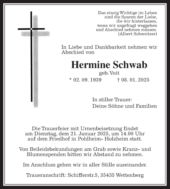Traueranzeige von Hermine Schwab von Giessener Anzeiger
