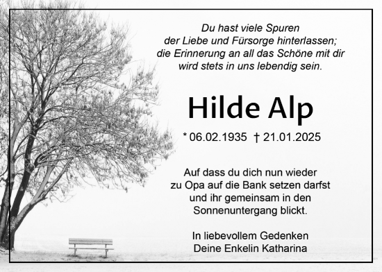 Traueranzeige von Hilde Alp von Lauterbacher Anzeiger
