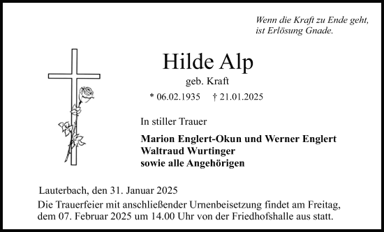Traueranzeige von Hilde Alp von Lauterbacher Anzeiger