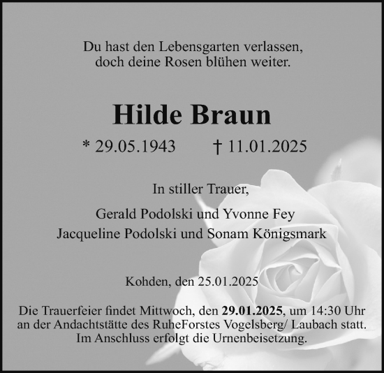 Traueranzeige von Hilde Braun von Kreis-Anzeiger