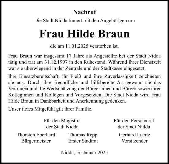 Traueranzeige von Hilde Braun von Kreis-Anzeiger