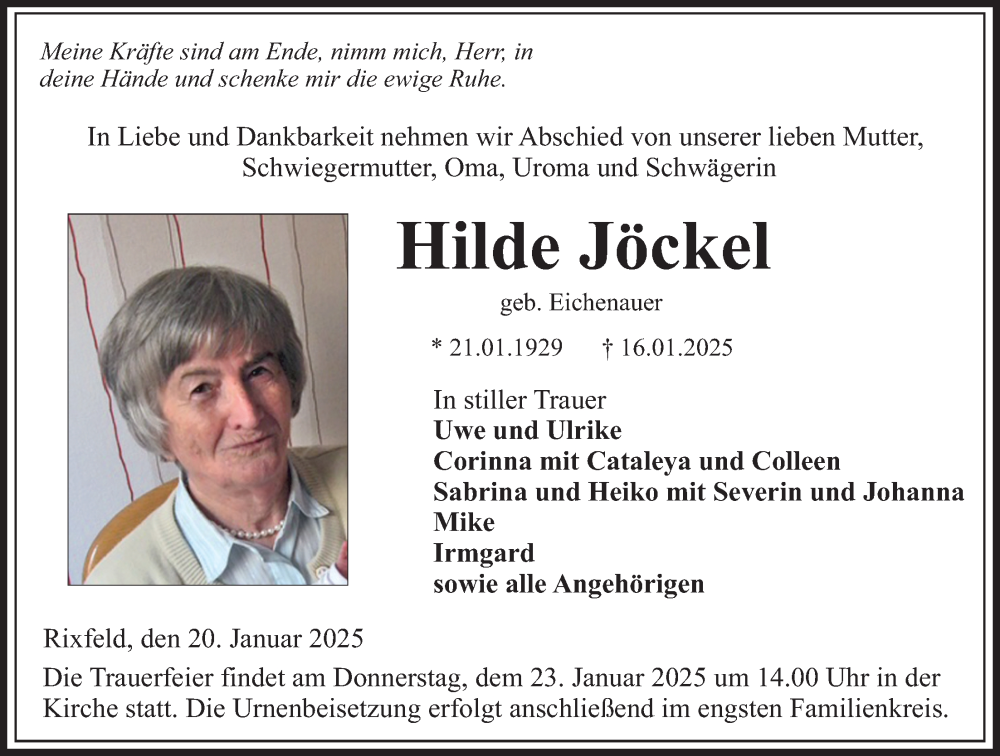  Traueranzeige für Hilde Jöckel vom 20.01.2025 aus Lauterbacher Anzeiger