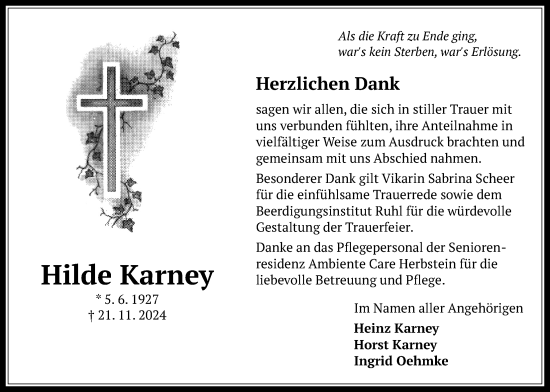 Traueranzeige von Hilde Karney von Lauterbacher Anzeiger