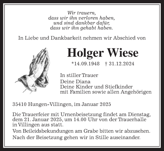 Traueranzeige von Holger Wiese von Laubacher Anzeiger