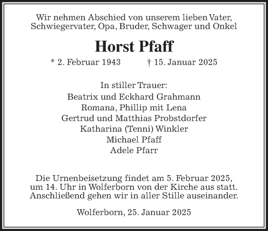 Traueranzeige von Horst Pfaff 