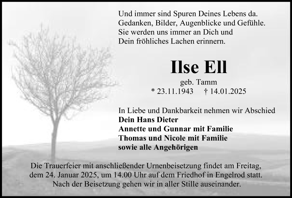  Traueranzeige für Ilse Ell vom 18.01.2025 aus Lauterbacher Anzeiger