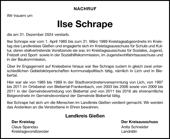 Traueranzeige von Ilse Schrape von Giessener Anzeiger, Giessener Allgemeine, Alsfelder Allgemeine
