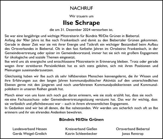 Traueranzeige von Ilse Schrape von Giessener Anzeiger, Giessener Allgemeine, Alsfelder Allgemeine