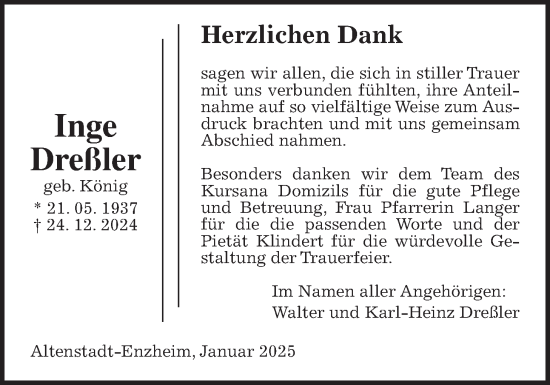 Traueranzeige von Inge Dreßler von Kreis-Anzeiger