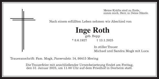 Traueranzeige von Inge Roth von Wetterauer Zeitung