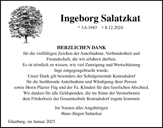 Traueranzeige von Ingeborg Salatzkat von Kreis-Anzeiger