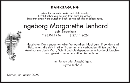 Traueranzeige von Ingeborg Margarethe Lenhard von Wetterauer Zeitung