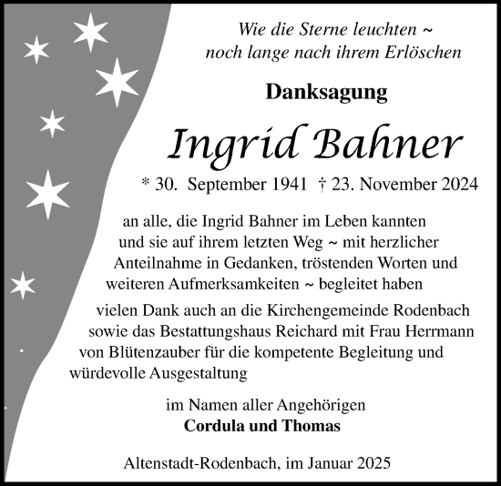Traueranzeige von Ingrid Bahner von Kreis-Anzeiger