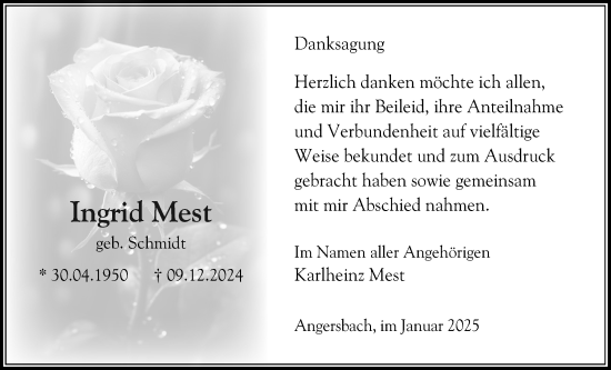 Traueranzeige von Ingrid Mest von Lauterbacher Anzeiger, Oberhessische Zeitung