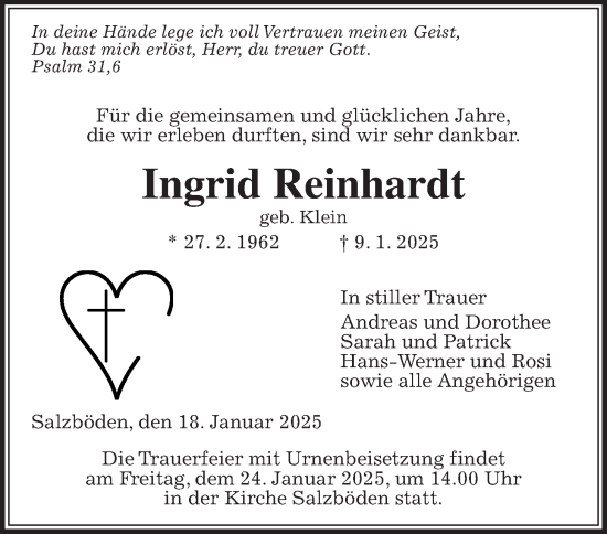 Traueranzeige von Ingrid Reinhardt von Giessener Allgemeine, Alsfelder Allgemeine