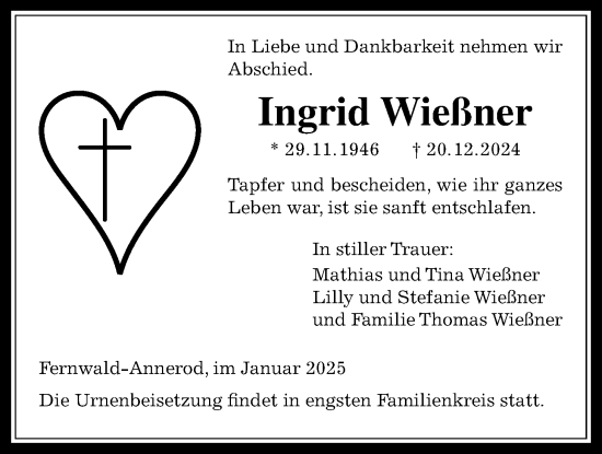 Traueranzeige von Ingrid Wießner von Licher Wochenblatt