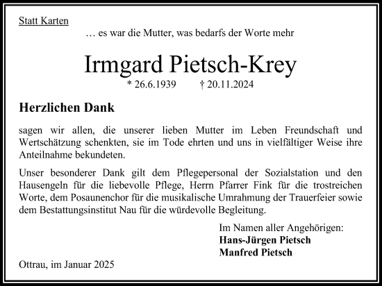 Traueranzeige von Irmgard Pietsch-Krey von Oberhessische Zeitung