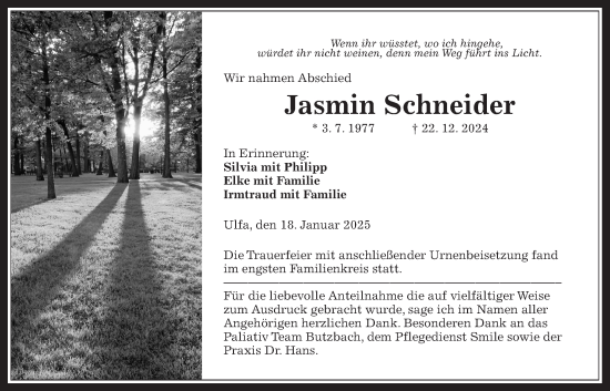 Traueranzeige von Jasmin Schneider von Kreis-Anzeiger