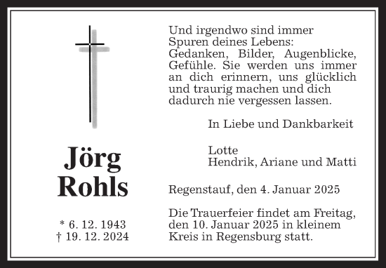Traueranzeige von Jörg Rohls von Wetterauer Zeitung
