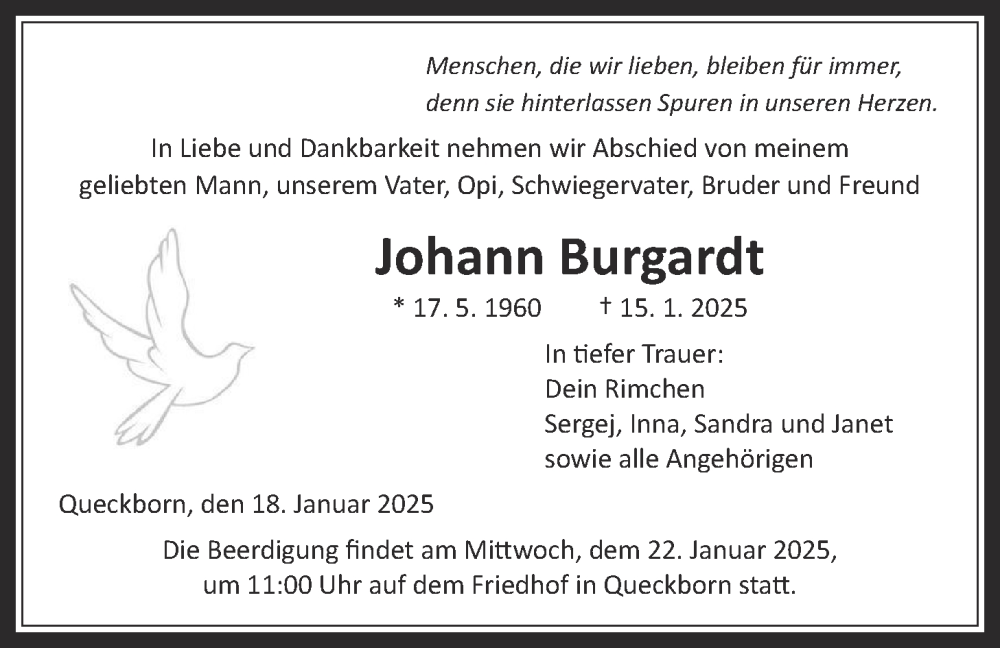  Traueranzeige für Johann Burgardt vom 18.01.2025 aus Giessener Allgemeine, Alsfelder Allgemeine