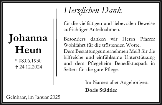 Traueranzeige von Johanna Heun 