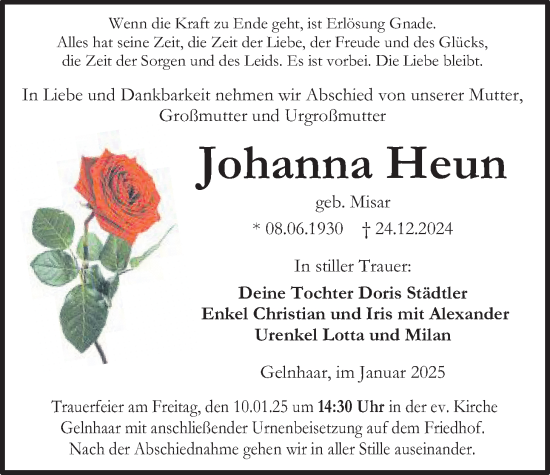 Traueranzeige von Johanna Heun von Kreis-Anzeiger