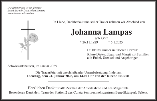 Traueranzeige von Johanna Lampas von Kreis-Anzeiger
