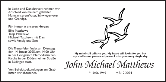 Traueranzeige von John Michael Matthews von Kreis-Anzeiger