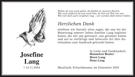 Traueranzeige von Josefine Lang von Alsfelder Allgemeine, Oberhessische Zeitung, Alsfelder Allgemeine, Oberhessische Zeitung, 