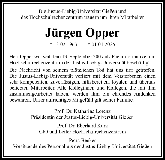 Traueranzeige von Jürgen Opper von Giessener Anzeiger