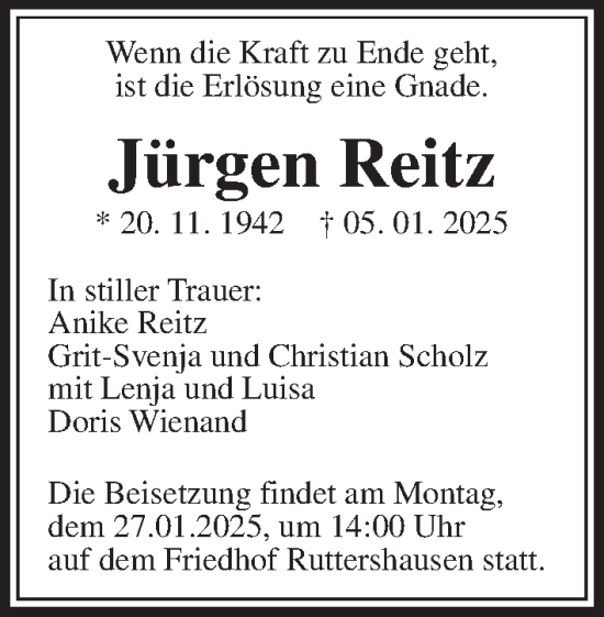 Traueranzeige von Jürgen Reitz von Wetterauer Zeitung, Giessener Allgemeine, Alsfelder Allgemeine, Giessener Anzeiger